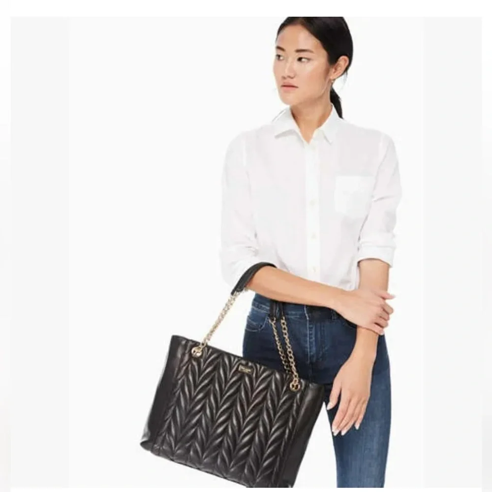 Kate Spade Black Cow Leather Quilted Tote Large Work Bag Laptop - Picture 1 of 13